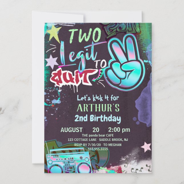 Two Legit To Quit 2nd Birthday 90s Hip Hop Party I Invitation (Front)