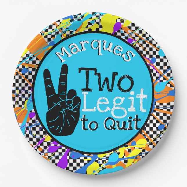 Two Legit to Quit| Retro 2nd Birthday Blue Paper Plate (Front)