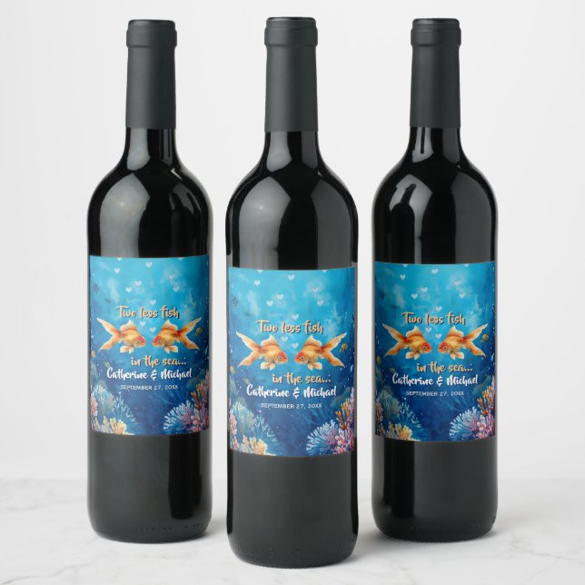 Two Less Fish In The Sea Underwater Wedding Wine Label (Bottles)