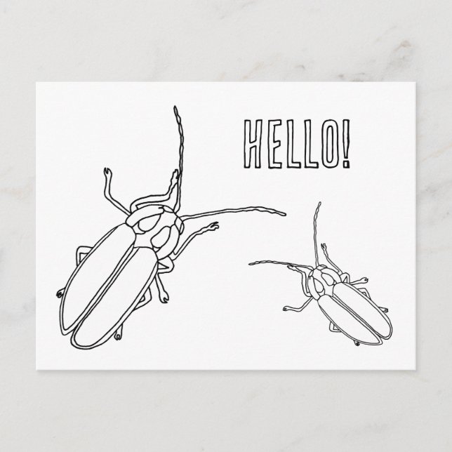 Two Lightning Bugs, Hello, Colouring Postcards (Front)