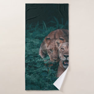 TWO LIONESS ON GREEN PLANTS BATH TOWEL