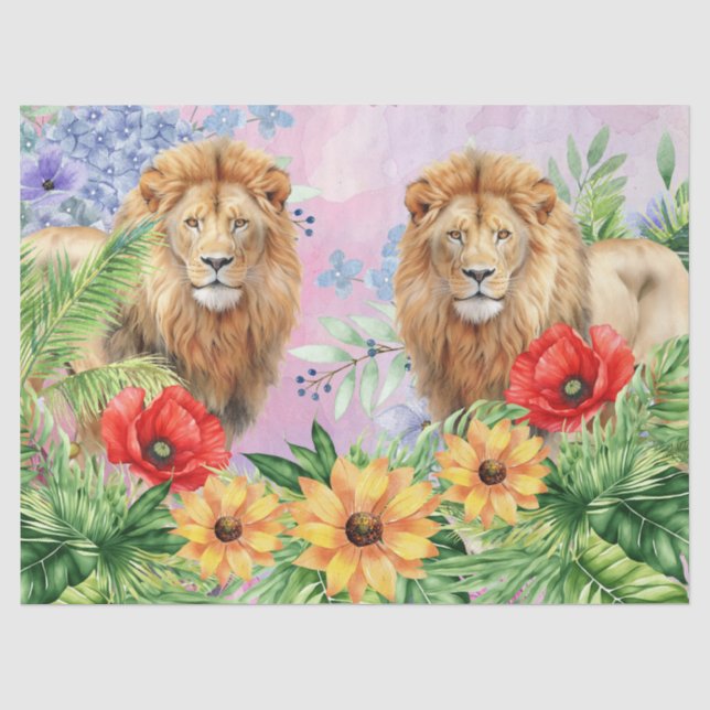 Two Lions Floral Fantasy Jungle Decoupage  Tissue Paper (Front)