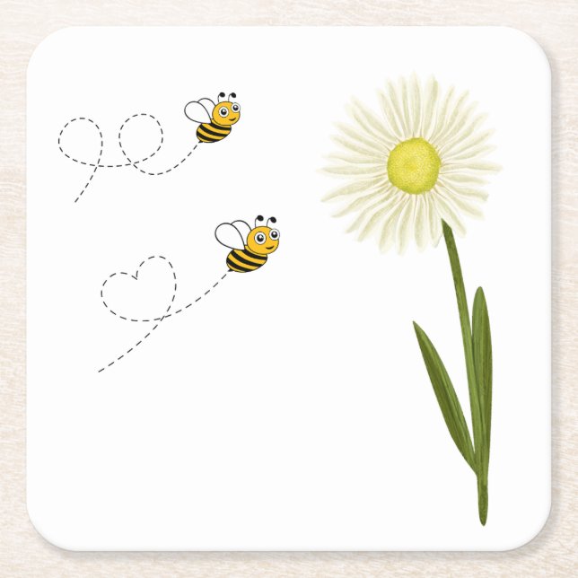 Two little and cute bees square paper coaster (Front)