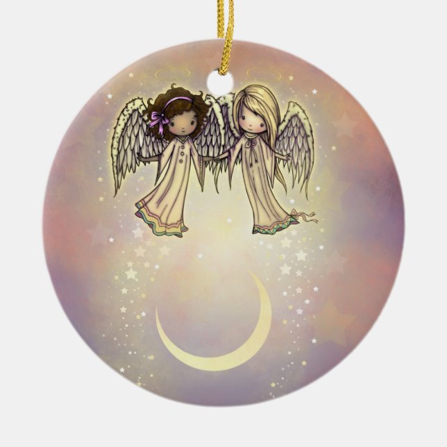 Two Little Angels on a Twinkling Night Art Ceramic Tree Decoration (Front)