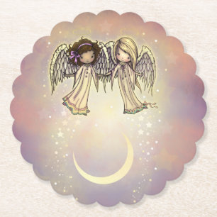 Two Little Angels on a Twinkling Night Art Paper Coaster