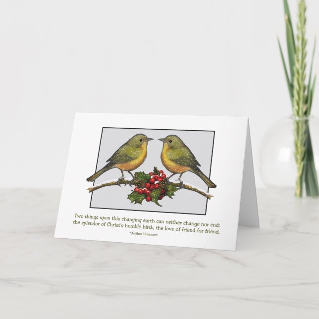 Two LIttle Birds Facing: Holly, Friends: Christmas Holiday Card (Front)