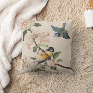 Two little birds near a branch of apple blossoms,  cushion