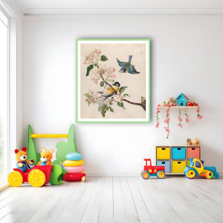 Two little birds near a branch of apple blossoms, poster