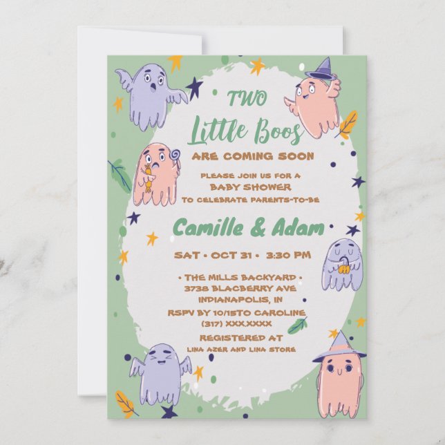 Two little boos boy, girl halloween baby shower invitation (Front)