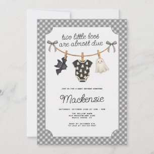 Two Little Boos Grey Gingham Halloween Baby Shower Invitation