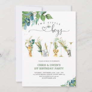Two Little Boys TWIN Floral Animals Birthday Invi Invitation