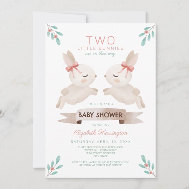 Two Little Bunnies Bunny Twin Girls Baby Shower Invitation (Front)