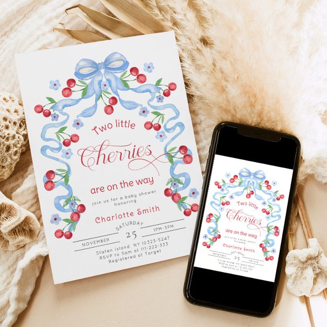 Two little cherries Twins Blue bow baby shower Invitation (Creator Uploaded)
