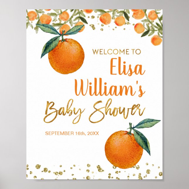 Two Little Cuties Orange baby shower Welcome sign (Front)