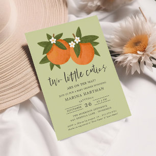 Two Little Cuties Orange Twin Baby Shower Green Invitation