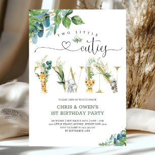 Two Little Cuties TWIN Floral Animals Birthday Invitation