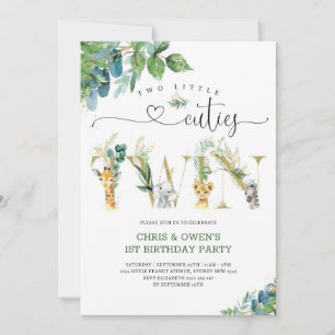 Two Little Cuties TWIN Floral Animals Birthday Invitation