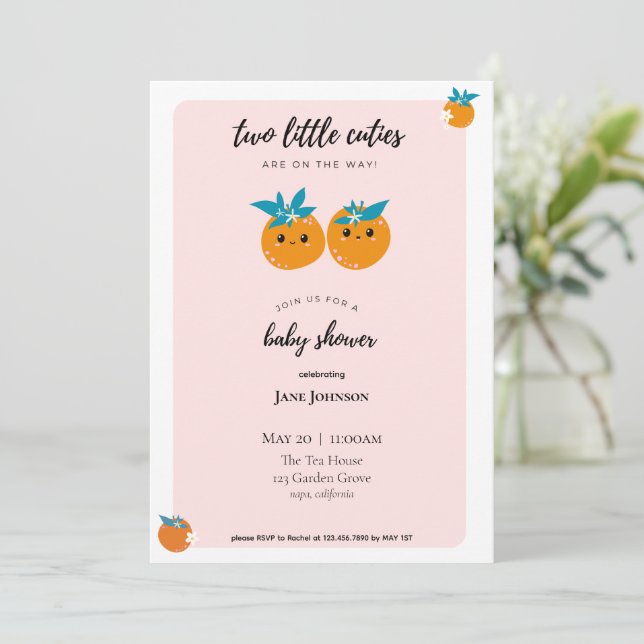 Two Little Cuties Twins Baby Shower Invitation (Standing Front)