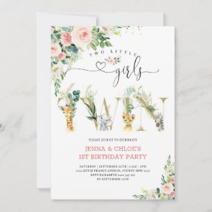 Two Little Girls TWIN Floral Animals Birthday Invitation