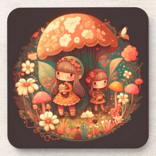 Two little girls under the mushroom brown decor coaster