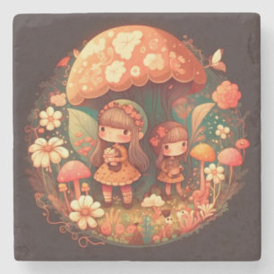 Two little girls under the mushroom brown decor  stone coaster