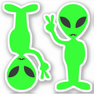 Two Little Green Mustachioed Hipster Peace Aliens