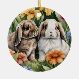 Two Little Lop Bunny rabbits Ceramic Tree Decoration