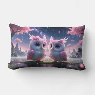Two little owls in a dream world lumbar cushion