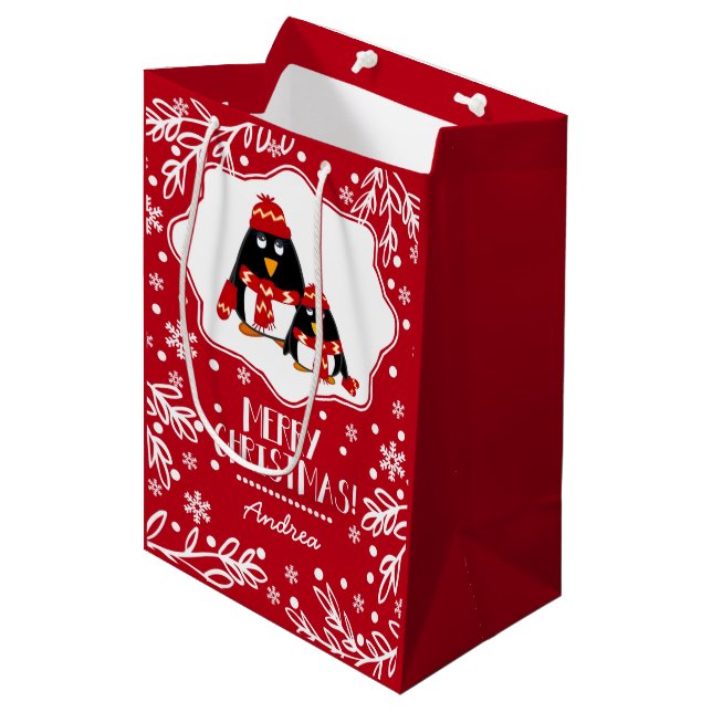 Two Little Penguins Custom Name Christmas Gift Bag (Front Angled)