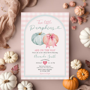 Two Little Pumpkin Blue & Pink Gingham Baby Shower Invitation
