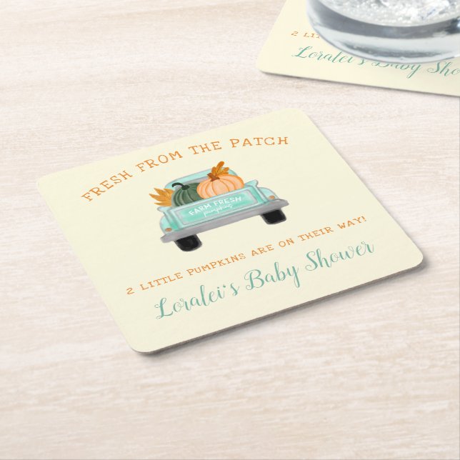 Two Little Pumpkins Farm Truck Fall Baby Shower Square Paper Coaster (Angled)