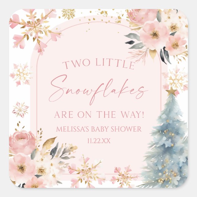 Two Little Snowflakes Winter Twins Baby Shower  Square Sticker (Front)