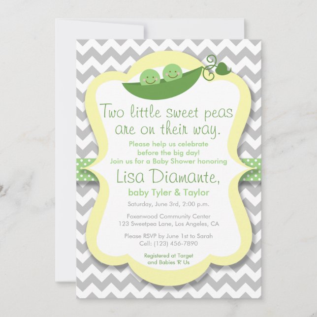 Two Little Sweet Peas Twins Baby Shower Invitation (Front)