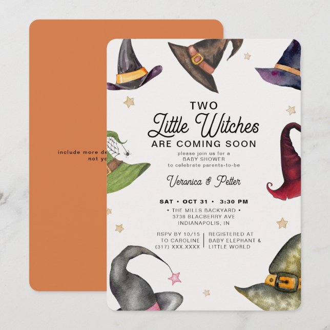 Two Little Witches Twin Girl Halloween Baby Shower Invitation (Front/Back)