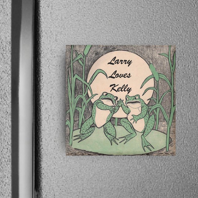 Two Love Green Funny Frogs Magnet (Two fun green fighting frogs on lily pad with full moon and plants on square magnet.)