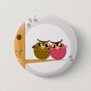 Two love Owls on tree with Moon 6 Cm Round Badge