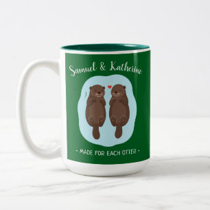 Two Lovely Cute Otters Custom Name Valentine's Day Two-Tone Coffee Mug
