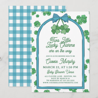 Two Lucky Charms Clovers Boy Twins Baby Shower Invitation