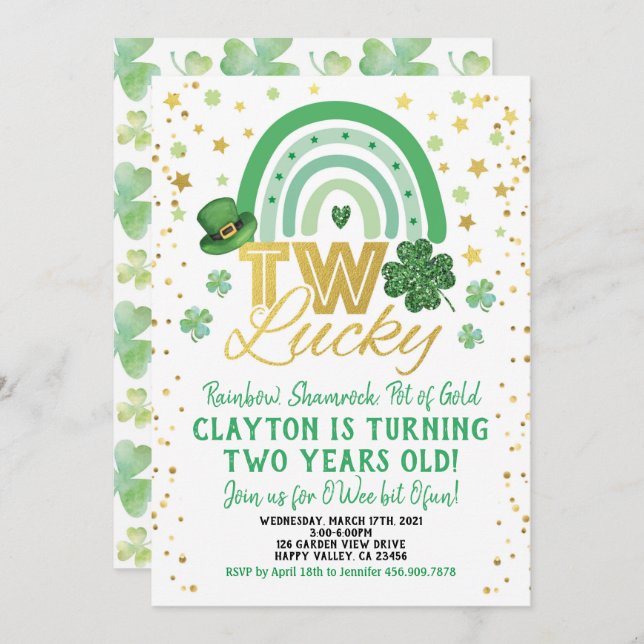 Two Lucky Kid 2nd Birthday St Patrick's Day Invitation (Front/Back)