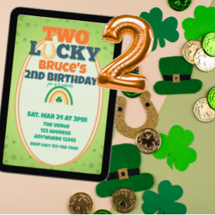 Two Lucky Orange Shamrock Rainbow 2nd Birthday  Invitation