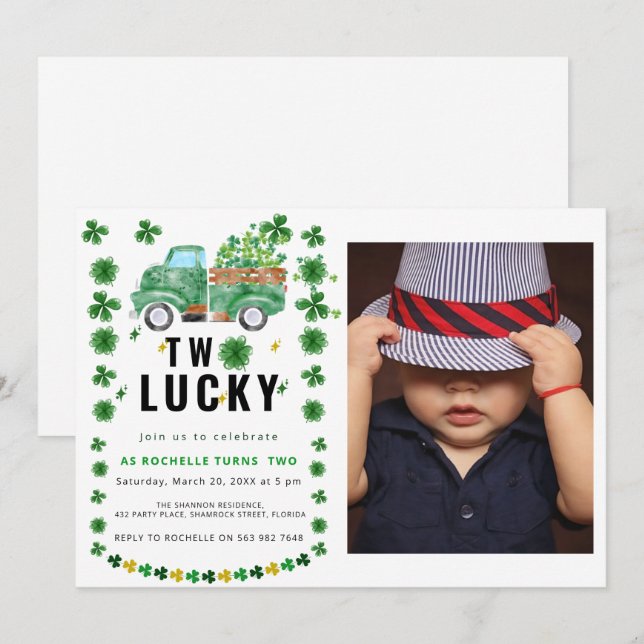 Two Lucky Shamrock Birthday Party Invitation (Front/Back)