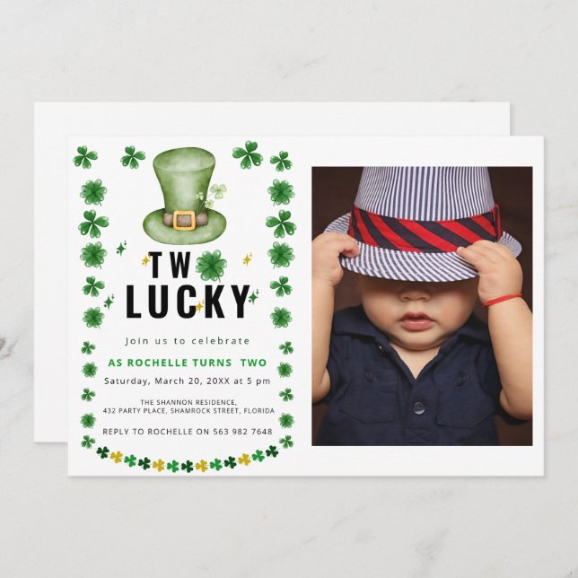 Two Lucky Shamrock Birthday Party Invitation (Front/Back)