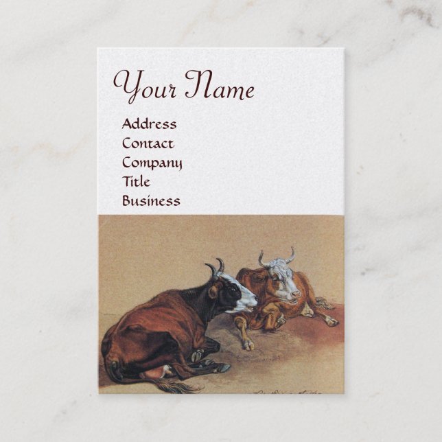 TWO LYING COWS  MONOGRAM,White pearl paper Business Card (Front)