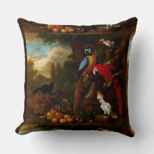 Two Macaws a Cockatoo and a Jay with Fruit Cushion