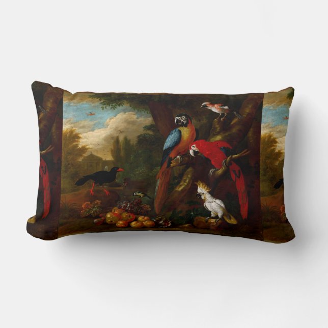 Two Macaws a Cockatoo and a Jay with Fruit Lumbar Cushion (Front)