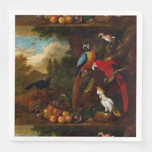 Two Macaws a Cockatoo and a Jay with Fruit Napkin