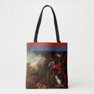 Two Macaws a Cockatoo and a Jay with Fruit Tote Bag