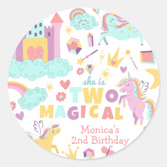 Two magical rainbow pastel unicorn second birthday classic round sticker (Front)