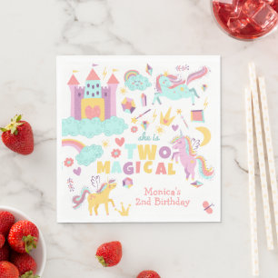 Two magical rainbow pastel unicorn second birthday napkin