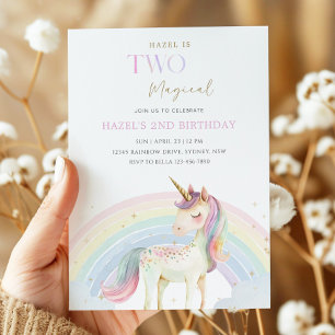 Two Magical Unicorn Rainbow 2nd Birthday Party Invitation